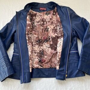 Jacket Womens Blue Faux Leather Cafe Moto Full Zip Pocket Panel Lined Inside